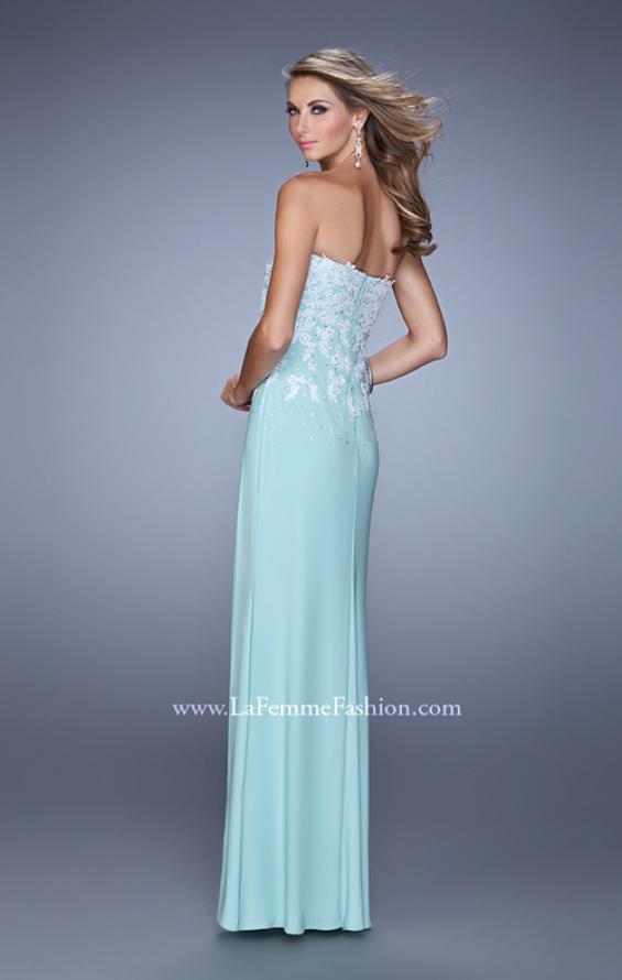 Picture of: Strapless Jersey Dress with Slit and Beaded Lace Fade in Aqua, Style: 20923, Back Picture