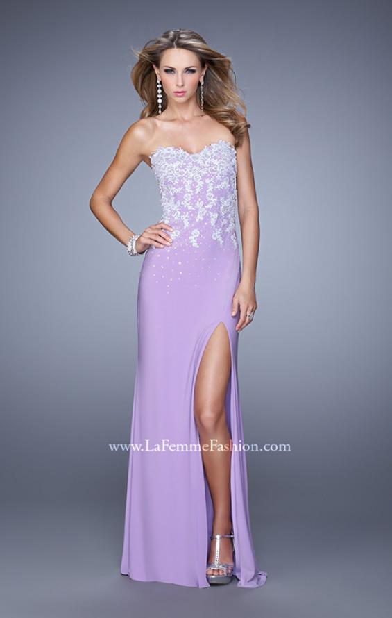 Picture of: Strapless Jersey Dress with Slit and Beaded Lace Fade in Purple, Style: 20923, Detail Picture 1