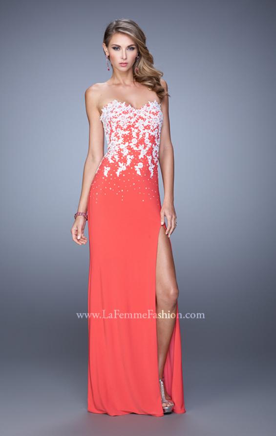 Picture of: Strapless Jersey Dress with Slit and Beaded Lace Fade in Orange, Style: 20923, Detail Picture 2