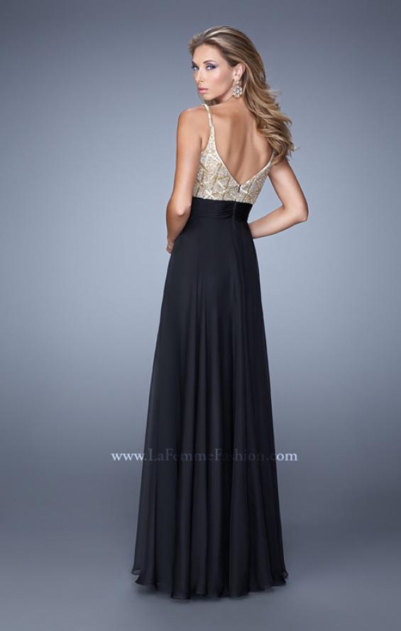 Picture of: Long Chiffon Prom Dress with Gathered Waist and Beading in Black Gold, Style: 20932, Back Picture