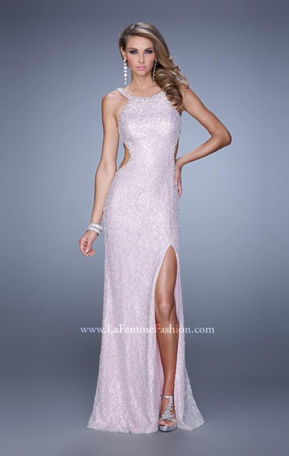 Picture of: Long Beaded Lace Gown with High Neckline and Cut Outs in Pink, Style: 20933, Main Picture