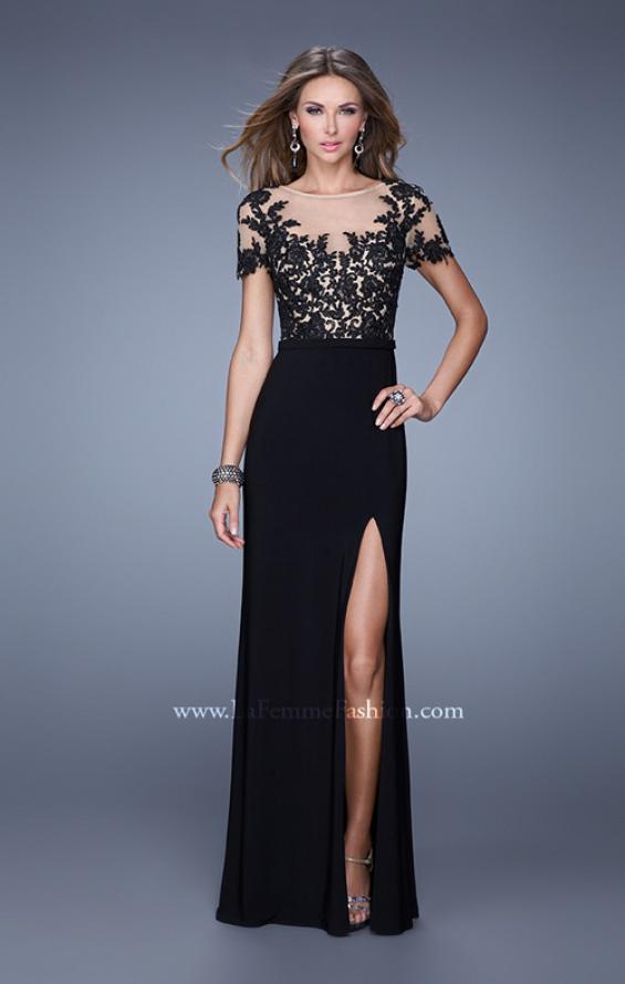 Picture of: Long Jersey Prom Dress with Sheer Neckline and Sleeves in Black, Style: 20957, Main Picture