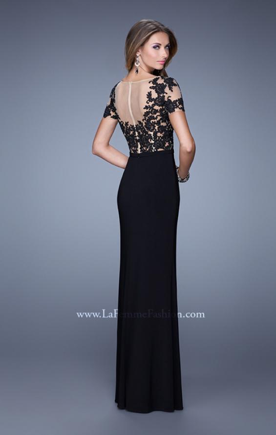 Picture of: Long Jersey Prom Dress with Sheer Neckline and Sleeves in Black, Style: 20957, Back Picture