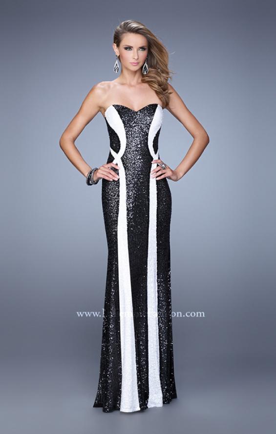 Picture of: Floor Length Strapless Gown with Pearls and Sequins in Black White, Style: 20987, Detail Picture 1