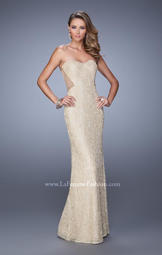 Picture of: Long Beaded Lace Gown with Sheer Illusion Sides in Nude, Style: 20999, Detail Picture 1