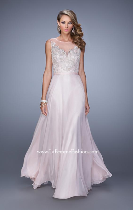Picture of: Long Chiffon Dress with Embroidery and Keyhole Back in Pink, Style: 21005, Detail Picture 2