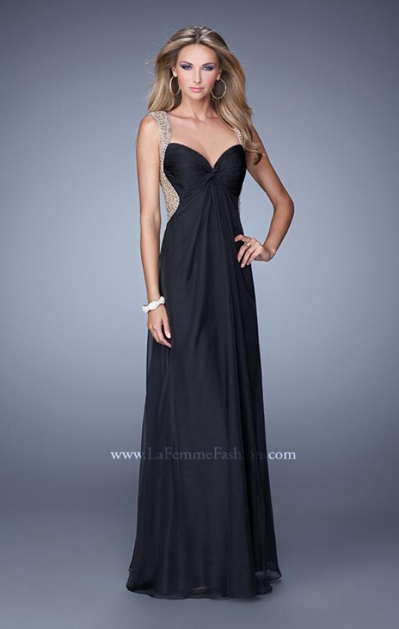 Picture of: Long Chiffon Gown with Knotted Bust and Beading in Black, Style: 21012, Detail Picture 1