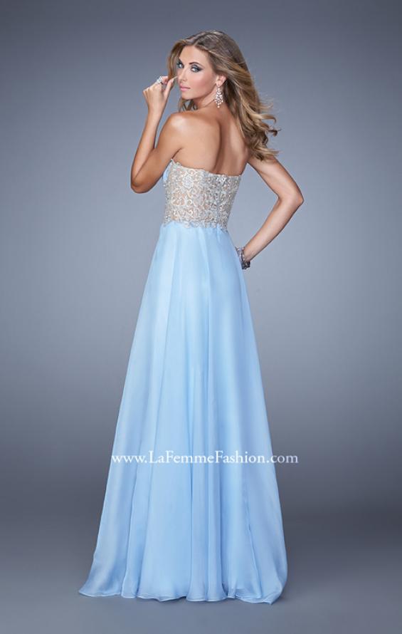 Picture of: Long Strapless Gown with Gathered Bodice and Pearls in Blue, Style: 21022, Back Picture