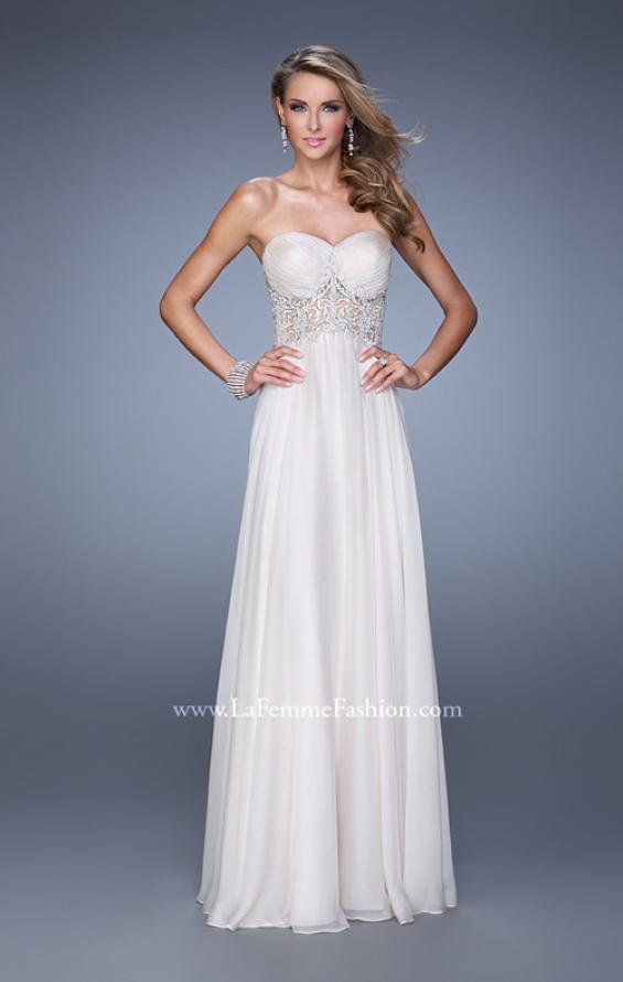 Picture of: Long Strapless Gown with Gathered Bodice and Pearls in White, Style: 21022, Detail Picture 2