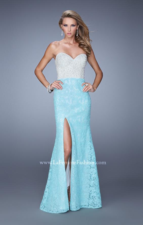 Picture of: Strapless Lace Dress Encrusted with Pearls and Stones in Aqua, Style: 21023, Main Picture