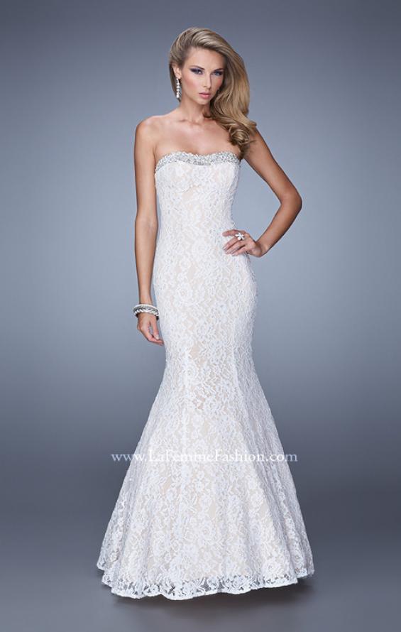 Picture of: Long Lace Mermaid Gown with Pearls and Rhinestones in White, Style: 21034, Main Picture