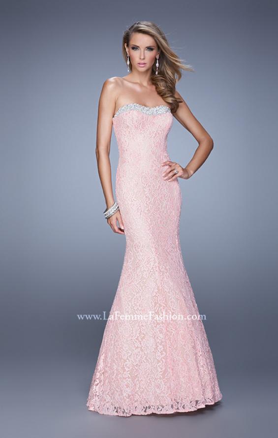 Picture of: Long Lace Mermaid Gown with Pearls and Rhinestones in Pink, Style: 21034, Detail Picture 2