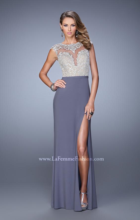 Picture of: Long Jersey Prom Gown with Embroidery Accents in Gray, Style: 21065, Detail Picture 1