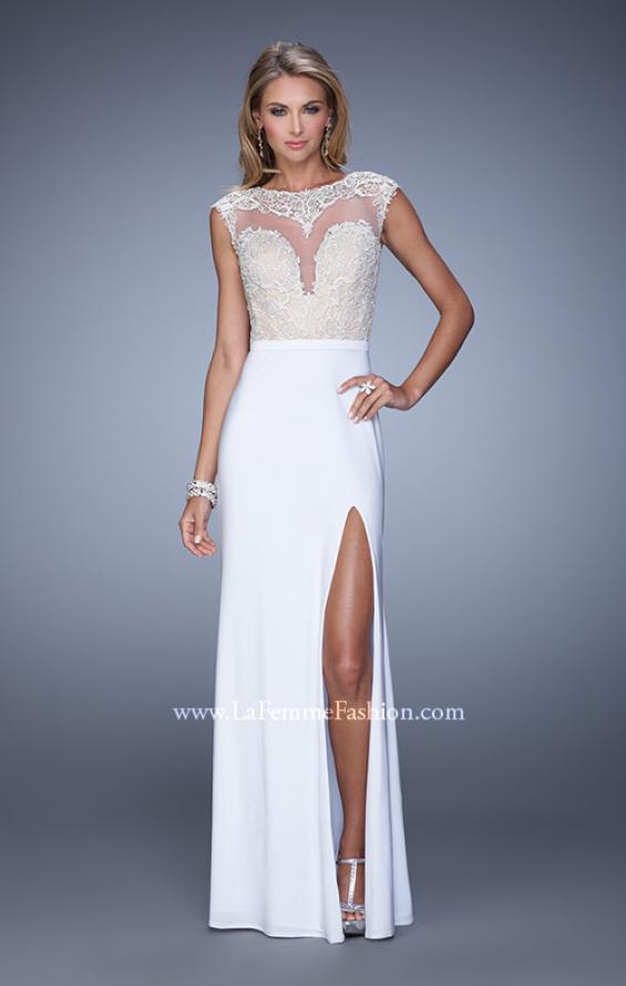 Picture of: Long Jersey Prom Gown with Embroidery Accents in White, Style: 21065, Detail Picture 3