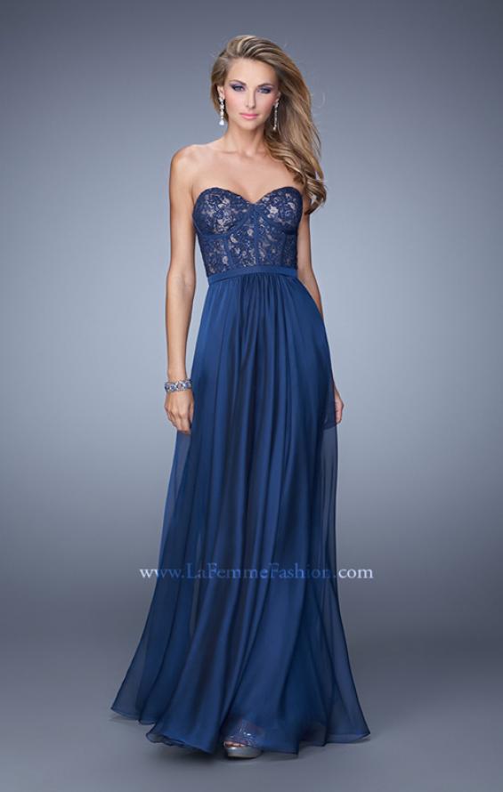 Picture of: Chiffon Prom Dress with Jeweled Lace Overlay in Blue, Style: 21079, Main Picture