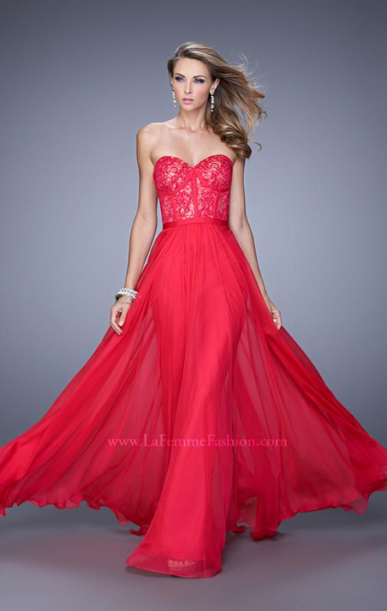 Picture of: Chiffon Prom Dress with Jeweled Lace Overlay in Red, Style: 21079, Detail Picture 1