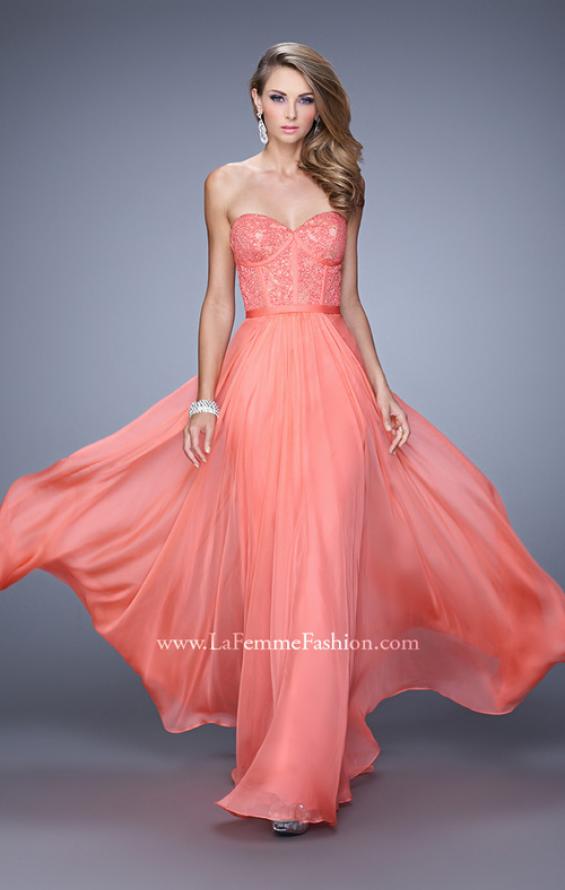 Picture of: Chiffon Prom Dress with Jeweled Lace Overlay in Coral, Style: 21079, Detail Picture 2