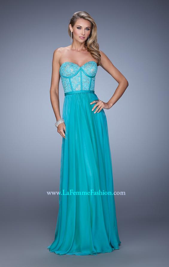 Picture of: Chiffon Prom Dress with Jeweled Lace Overlay in Aqua, Style: 21079, Detail Picture 3