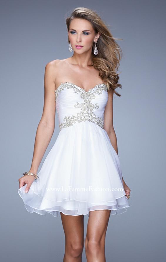 Picture of: Fun Cocktail Dress with Tiered Skirt and Ruched Bodice in White, Style: 21081, Detail Picture 2