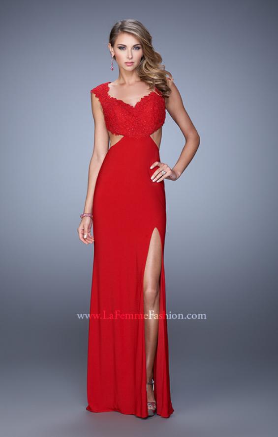 Picture of: Long Cap Sleeve Gown with Cut Outs and Jeweled Lace in Red, Style: 21082, Detail Picture 2
