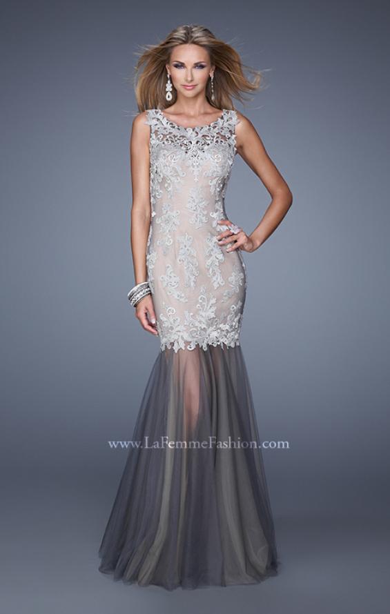 Picture of: Embroidered Sleeveless Dress with Sheer Tulle Skirt in Silver, Style: 21100, Main Picture