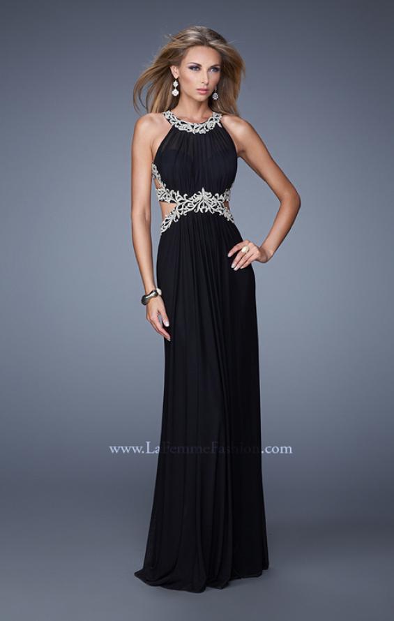 Picture of: Elegant Embroidered Long Gown with Sheer Overlay in Black, Style: 21101, Back Picture