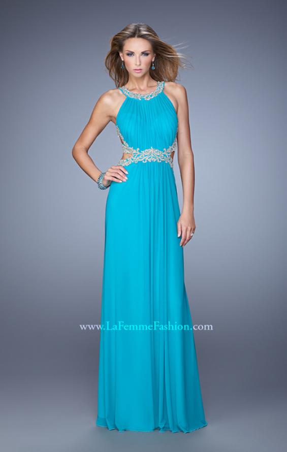 Picture of: Elegant Embroidered Long Gown with Sheer Overlay in Aqua, Style: 21101, Detail Picture 3