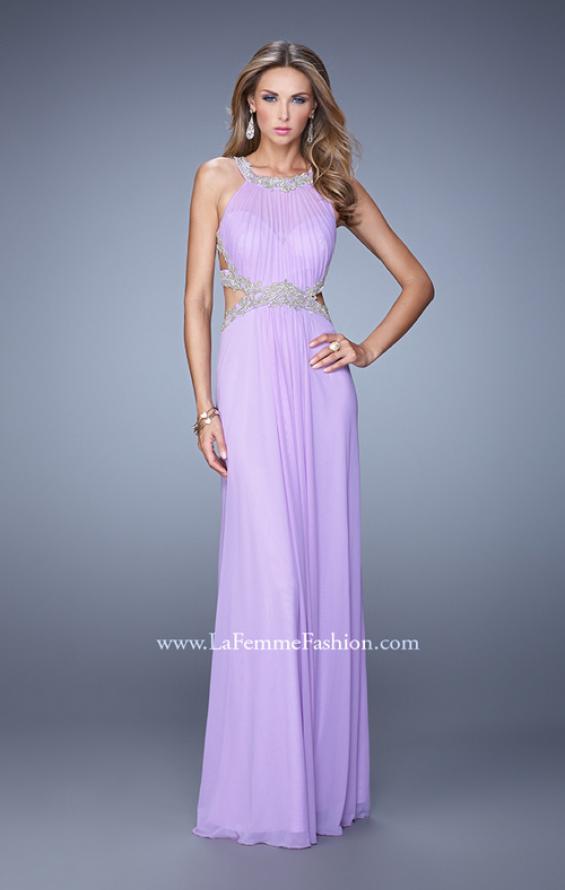 Picture of: Elegant Embroidered Long Gown with Sheer Overlay in Purple, Style: 21101, Detail Picture 5