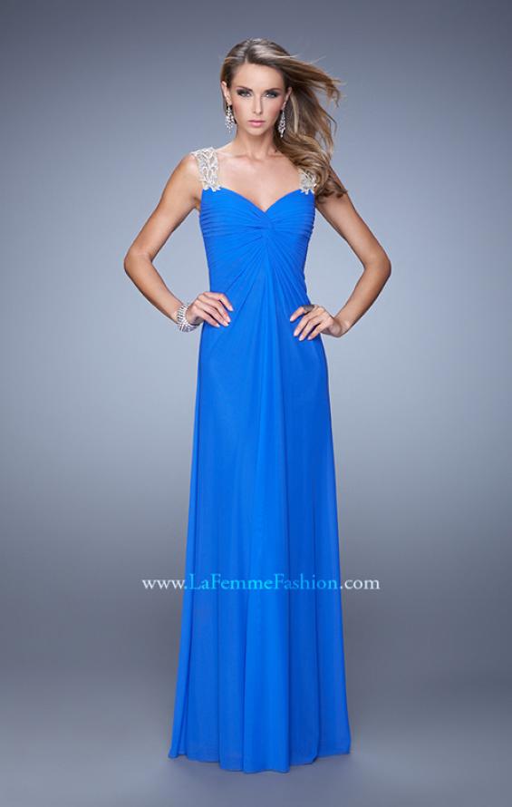 Picture of: Classic Dress with Sheer Straps and Gathered Knot Detail in Blue, Style: 21104, Detail Picture 1