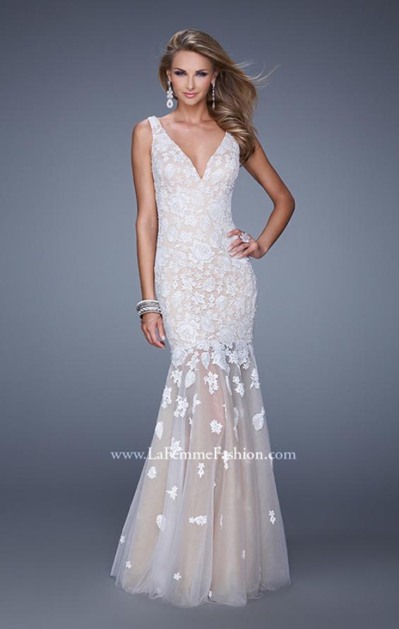 Picture of: Long Lace Prom Dress with Sheer Tulle Skirt and Lace in White, Style: 21105, Main Picture