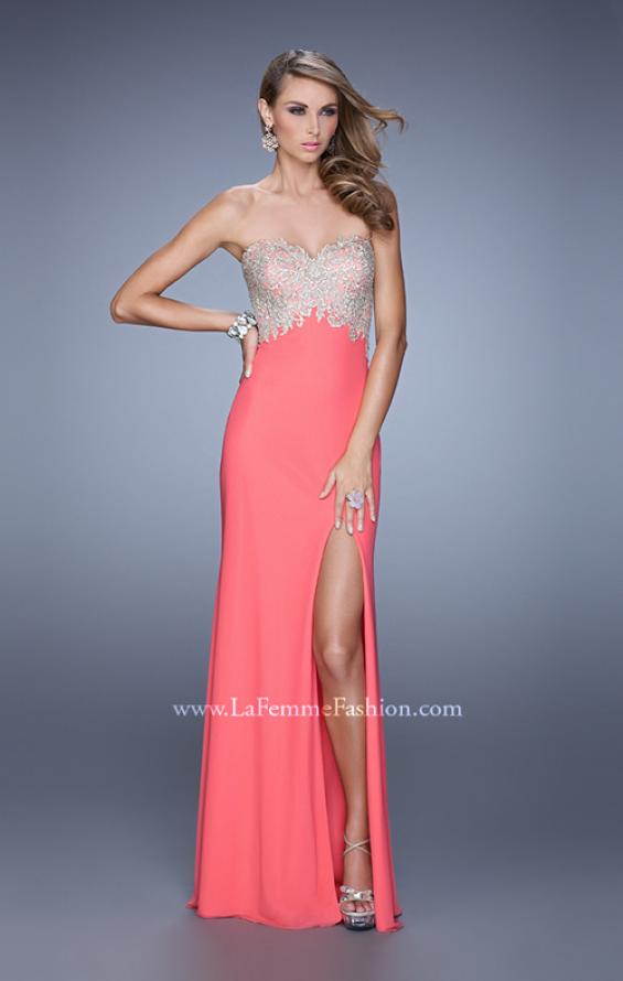 Picture of: Metallic Embroidered Prom Dress with Sheer Back in Coral, Style: 21113, Main Picture