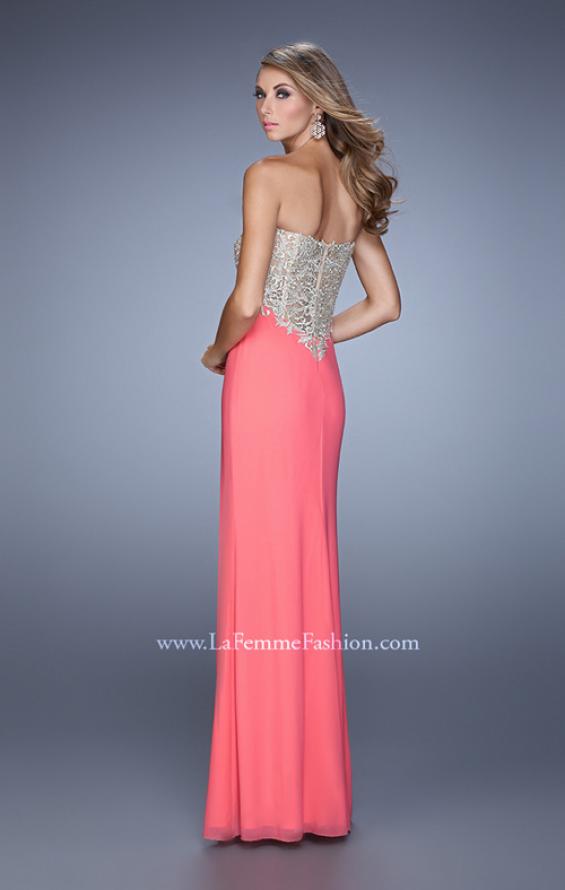 Picture of: Metallic Embroidered Prom Dress with Sheer Back in Coral, Style: 21113, Back Picture