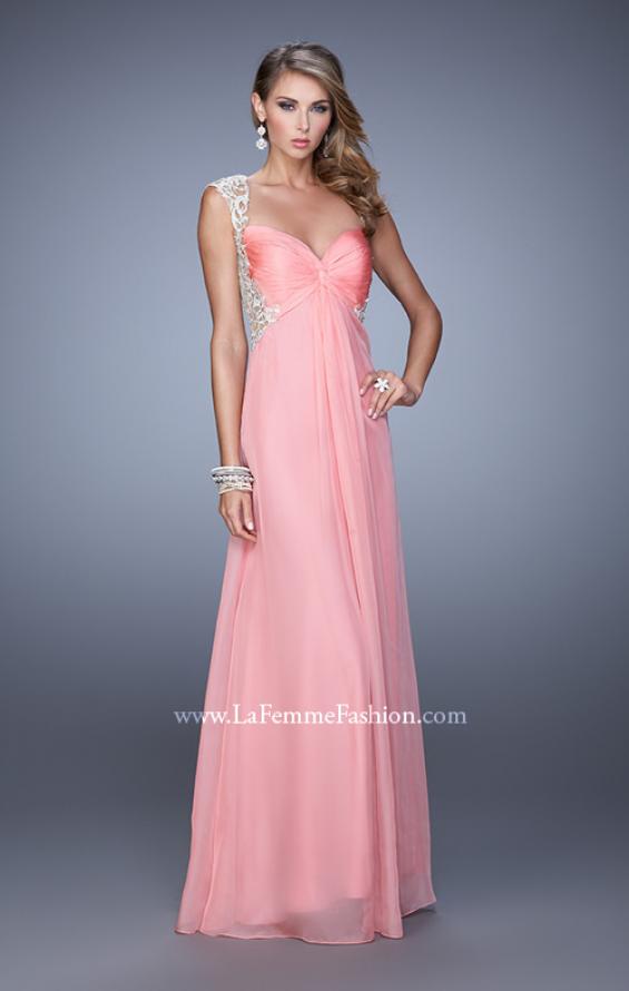Picture of: Chiffon Prom Gown with Knot Detail and Sheer Accents in Coral, Style: 21116, Detail Picture 3