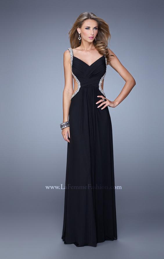 Picture of: Crisscross Gathered Bodice Prom Dress with Beaded Straps in Black, Style: 21123, Detail Picture 1