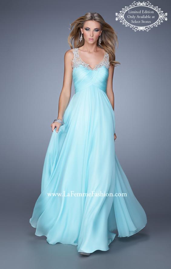 Picture of: Long Chiffon Prom Gown with Sheer Embroidered Straps in Aqua, Style: 21130, Main Picture