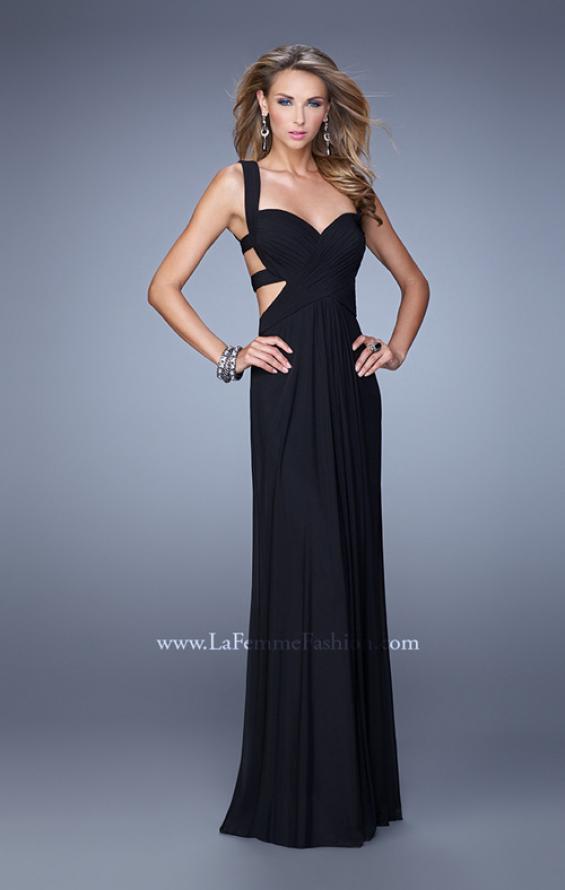 Picture of: Long Gathered Bodice Prom Dress with Cut Out Straps in Black, Style: 21160, Detail Picture 2