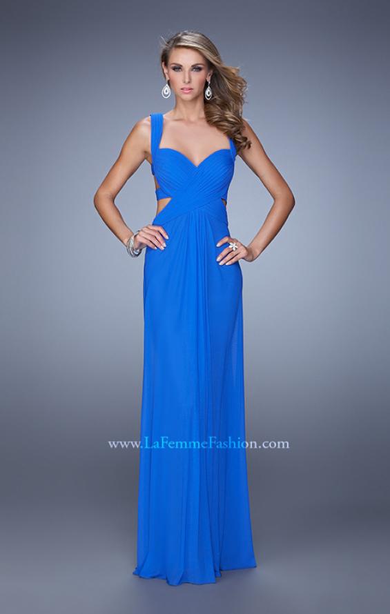 Picture of: Long Gathered Bodice Prom Dress with Cut Out Straps in Blue, Style: 21160, Detail Picture 4