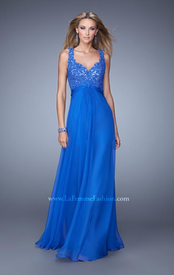 Picture of: Long Jewel Encrusted Lace Bodice Prom Dress in Blue, Style: 21166, Main Picture