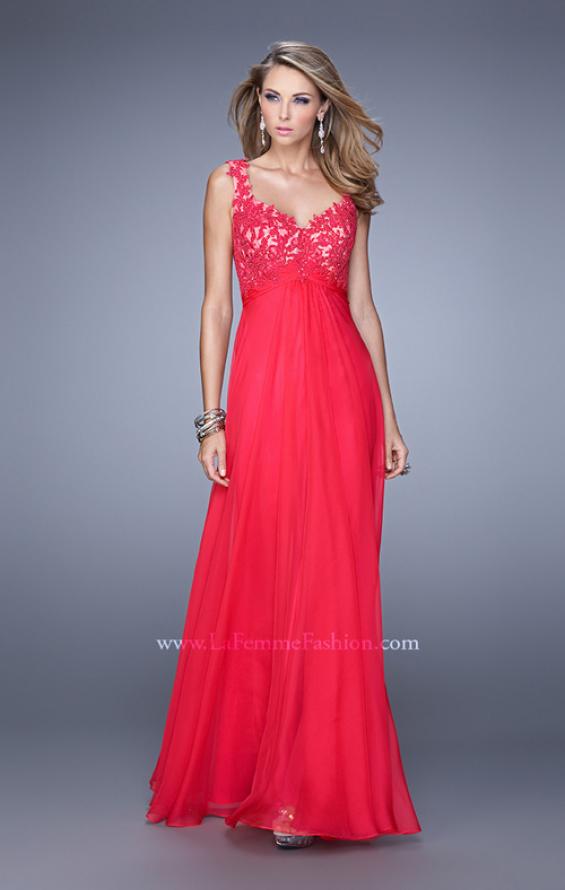 Picture of: Long Jewel Encrusted Lace Bodice Prom Dress in Red, Style: 21166, Detail Picture 2