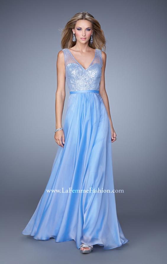 Picture of: Sequined Bodice Long Prom Dress with Sheer Overlay in Blue, Style: 21176, Main Picture