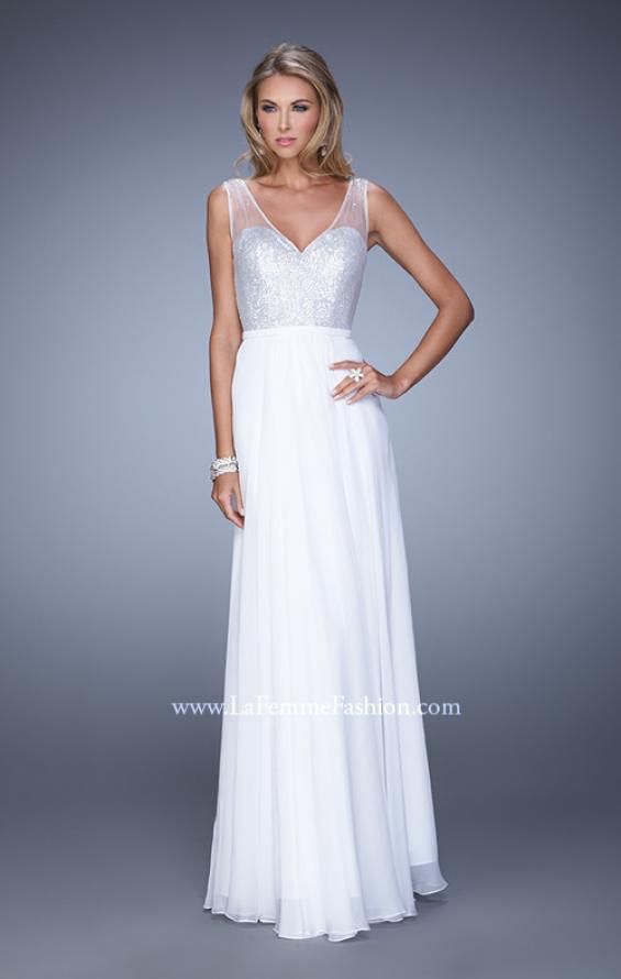 Picture of: Sequined Bodice Long Prom Dress with Sheer Overlay in White, Style: 21176, Detail Picture 2