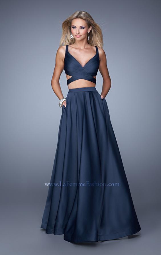 Picture of: Two Piece Satin Prom Dress with Pleats and Pockets in Navy, Style: 21178, Main Picture