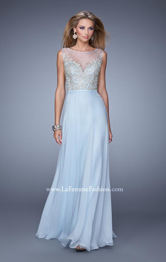 Picture of: Embroidered Bodice Long Prom Gown with Scoop Neck in Blue, Style: 21182, Detail Picture 1