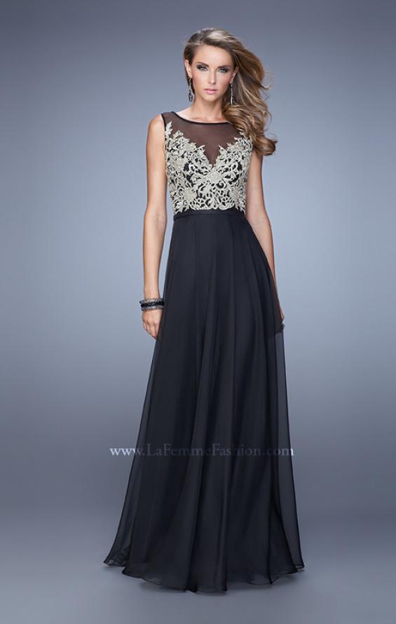 Picture of: Embroidered Bodice Long Prom Gown with Scoop Neck in Black, Style: 21182, Detail Picture 4