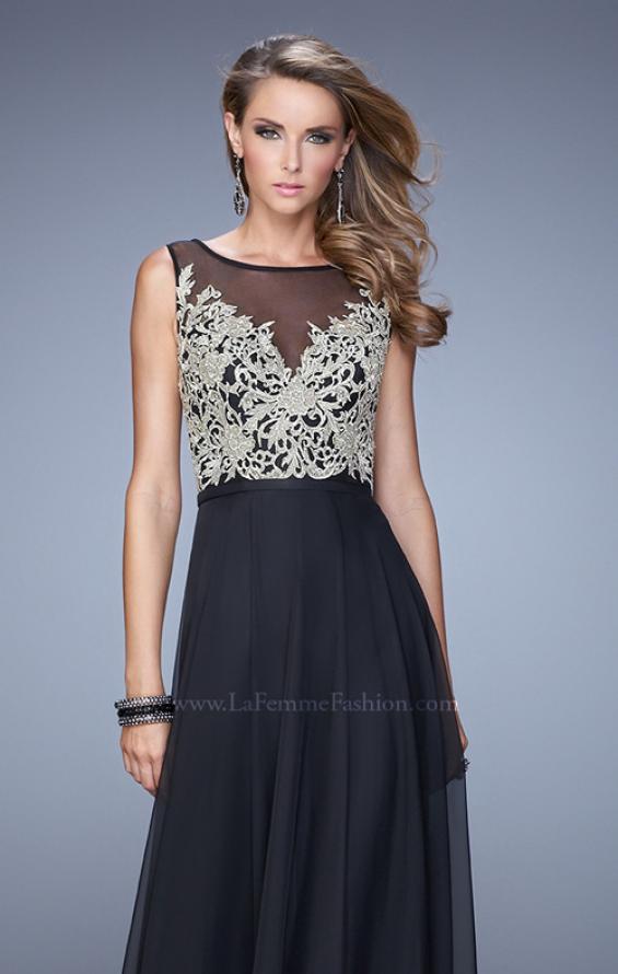Picture of: Embroidered Bodice Long Prom Gown with Scoop Neck in Black, Style: 21182, Detail Picture 7