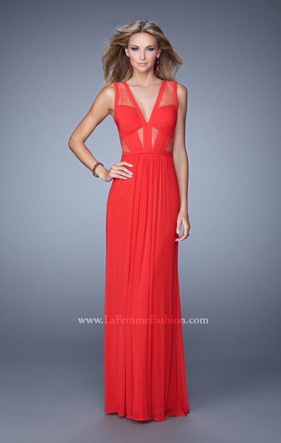Picture of: V Neck Jersey Gown with Ruched Trim and Sheer Lace in Red, Style: 21188, Main Picture