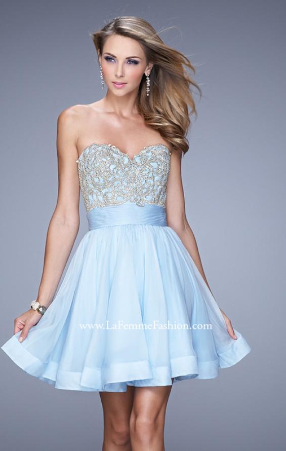 Picture of: Chiffon Cocktail Dress with Beaded Embroidery and Belt in Blue, Style: 21202, Detail Picture 2