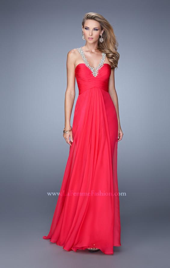 Picture of: Chiffon Low V Prom Dress with Embroidered Accents in Red, Style: 21207, Main Picture