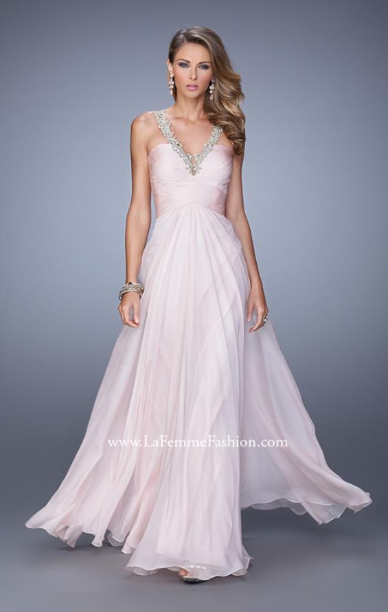 Picture of: Chiffon Low V Prom Dress with Embroidered Accents in Pink, Style: 21207, Detail Picture 1