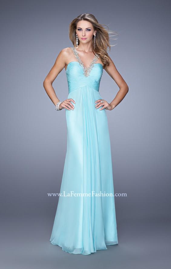 Picture of: Chiffon Low V Prom Dress with Embroidered Accents in Mint, Style: 21207, Detail Picture 2